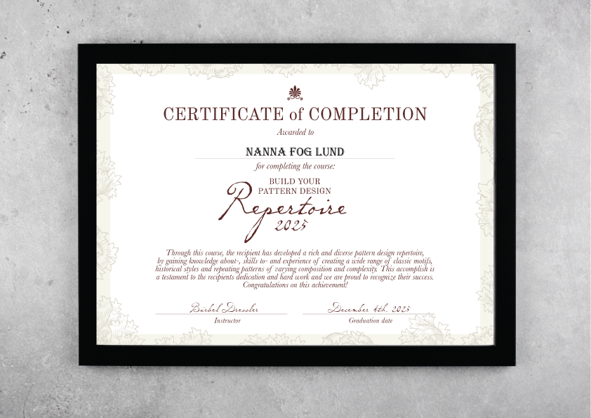 Repertoire-2025-bearbellproductions-Bärbel Dressler-pattern-design-graduation-certificate- for-nanna-fog-lund-architexture-design-atelier